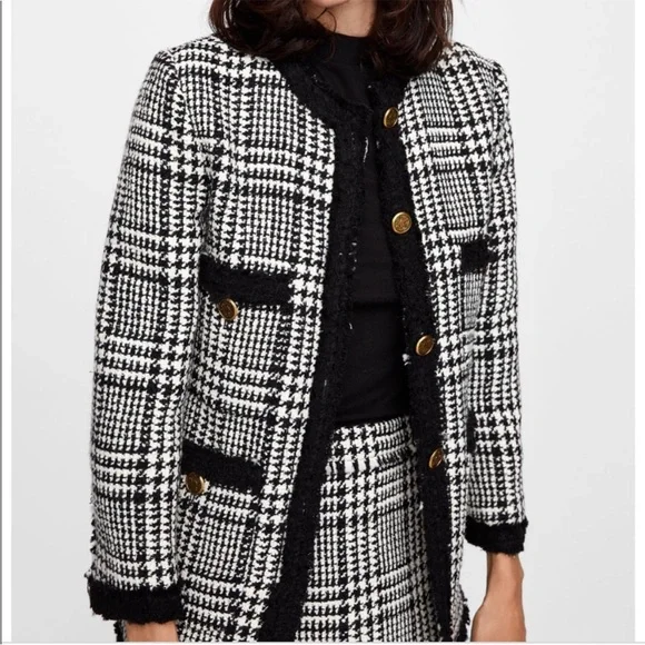 Zara Tweed Black And White Blazer academia gold buttons old money classy - Picture 2 of 16